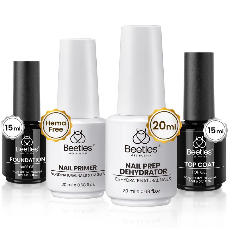 Beetles 4 Pcs 15ml Base Gel and Top Coat Kit with 20ml Nail Dehydrator and Primer, Professional Nail Prep Acid-Free & Hema-Free Dehydrate Bond Primer Set for Acrylic Manicure Gift for Women