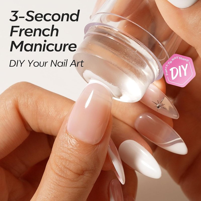 French Manicure Kit - Gel Nail Polish Set with French Tip Stamp & Stickers | 4 Colors: Nude, White, Pink, Sheer