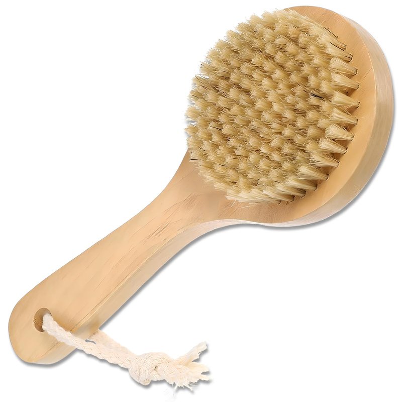 Jaasuee Dry Bath Body Brush with Short Handle, Natural Bristles Back Scrubber, Anti-Slip Wooden Handle for Exfoliation, Blood Circulation, and Cellulite Reduction, Brown