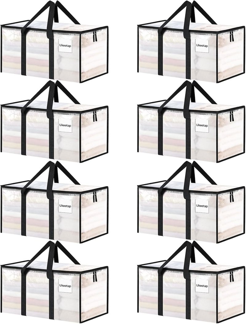 Extra Large Heavy Duty Moving Bags - 8 Pack Clear Storage Totes with Reinforced Handles & Zippers | Ideal for Clothes & College Supplies