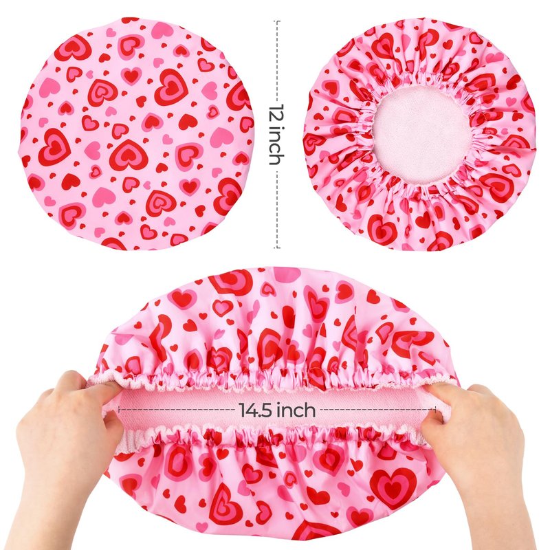 Shower Cap for Women Terry Lined Bath Cap Large Reusable Waterproof Elastic Band Pink Love Shower Caps for Long Thick Hair Soft Bath Shower Hair Caps