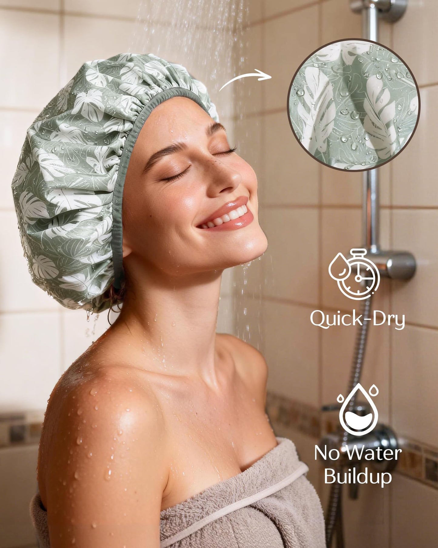 Yanibest Shower Cap for Women - Frizz Free Satin Lined Shower Cap Waterproof Large Double Layer Reusable with Soft Elastic Band for Braids Long Hair