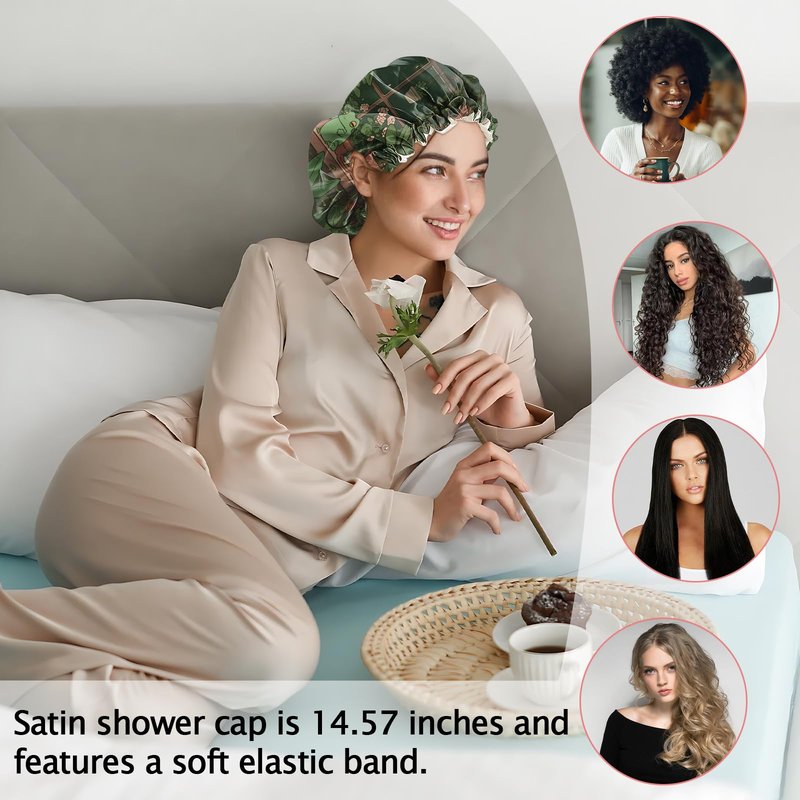Cabreche Luxury Shower Cap Satin Silk Lined Adjustable Elastic Reusable Waterproof Shower Bath Cap Cute for Women Girls-Frog