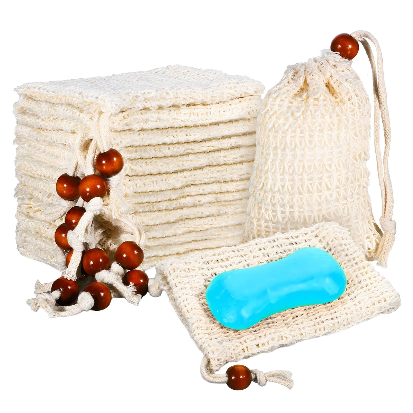 Oqqlin 50 Pcs Soap Saver Bag, 5.5 × 3.5 Inch Natural Cotton Linen Soap Pouch Mesh Exfoliating Hand Made Soaps Savers with Drawstring for Bath, Shower, Massaging