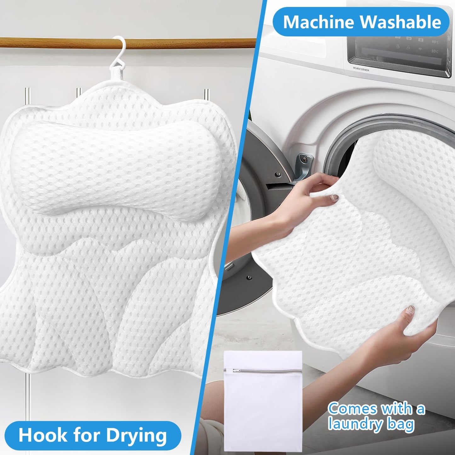 REEZEIVI Bath Pillows for Tub,Bath Pillow with 6 Non-Slip Suction Cups,Soft 4D Mesh Fabric,Bathtub Pillows for Tub Neck and Back Support,Extra Thick Luxury Bathtub Pillows,White