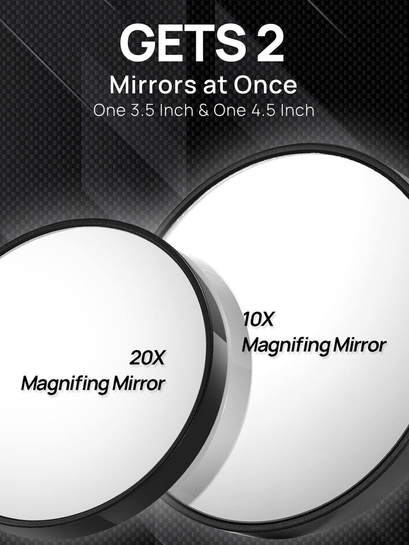 OMIRO 10X&20X Magnifying Mirrors and 3 Tweezers Set Combo, 4.5" & 3.5" Triple Suction Cups Round Spot Mirrrors