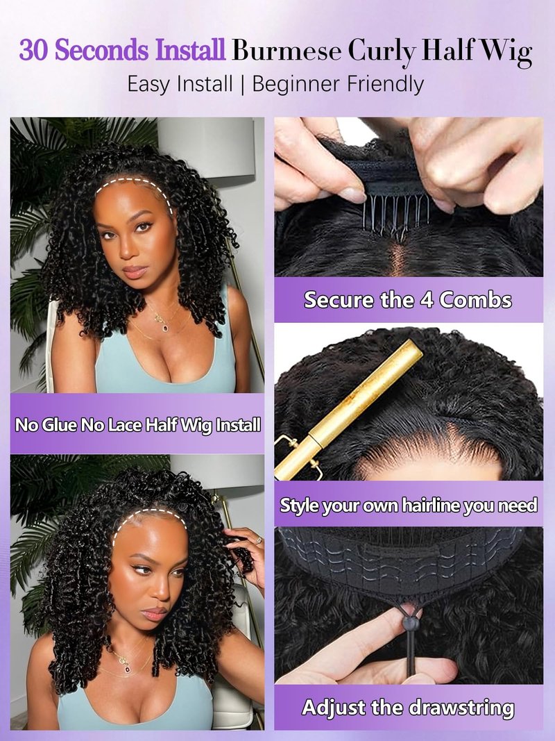 Legendhair Burmese Curly Half Wig Human Hair 26 Inch 180% Density Wear and Go Glueless Wig with Drawstring Spiral Curly Ends 3 in 1 Flip Over Headband Wig Beginner Friendly for Black Women