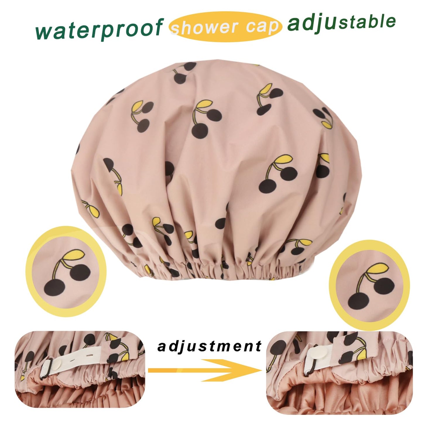 2Pcs Genergy Shower Cap for Women Waterproof, Adjustable Shower Cap Reusable, Luxury Shower Caps Comfortble, Extra Large &Double Layers &Reversible Satin Lined Bonnet(Apricot+Pink flower)