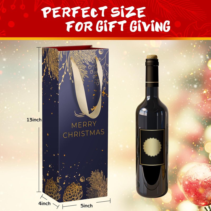 DeckTheHalls Christmas Gift Bags, 8 Pcs Wine Gift Bags with Unique Xmas Designs, Christmas Goody Bags with Ribbon Handles, Reusable Wine Bottle Wrap Bags for Xmas, Engagements & Party