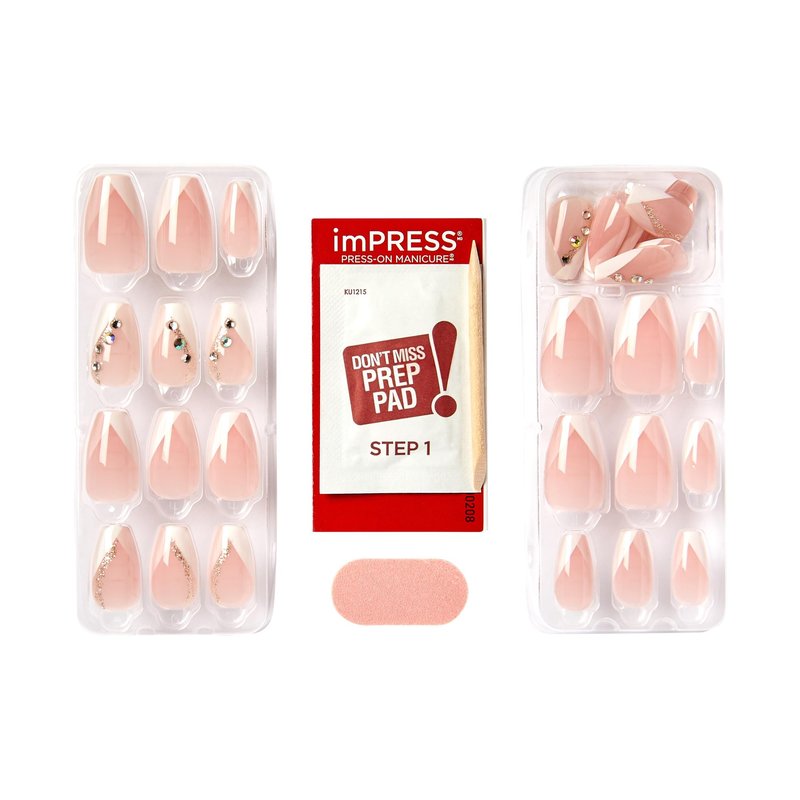 Kiss Impress No Glue Mani Press On Nails, French, 'Glimpse', White, Medium Size, Coffin Shape, Includes 30 Nails, Prep Pad, Instructions Sheet, 1 Manicure Stick, 1 Mini File