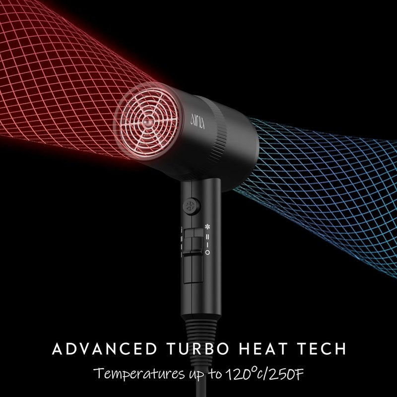 AINA Hair Dryer with Diffuser - Advanced Ionic Technology, Ceramic Coating | Turbo Heat for Fast Drying & Shine, 110V/ALCI (Vader Black)