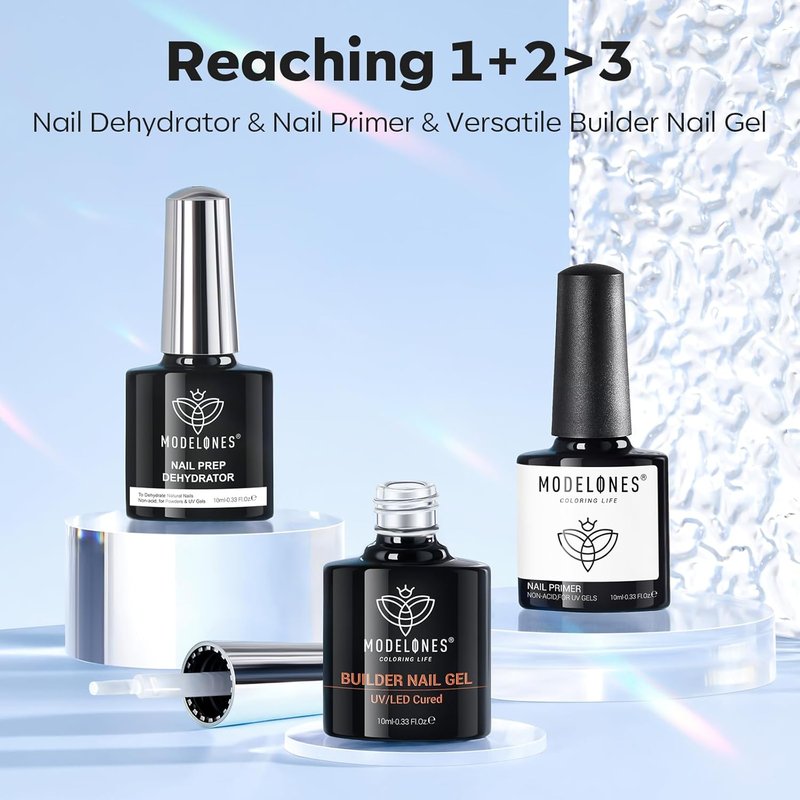 modelones Nail Thickening Solution, Dehydrator and Primer & Builder Nail Gel, 3Pcs Prep Dehydrate & Bond Primer Clear Gel Builder Polish Base Coat for Strengthener Apex Building, LED Lamp Cured 10ml