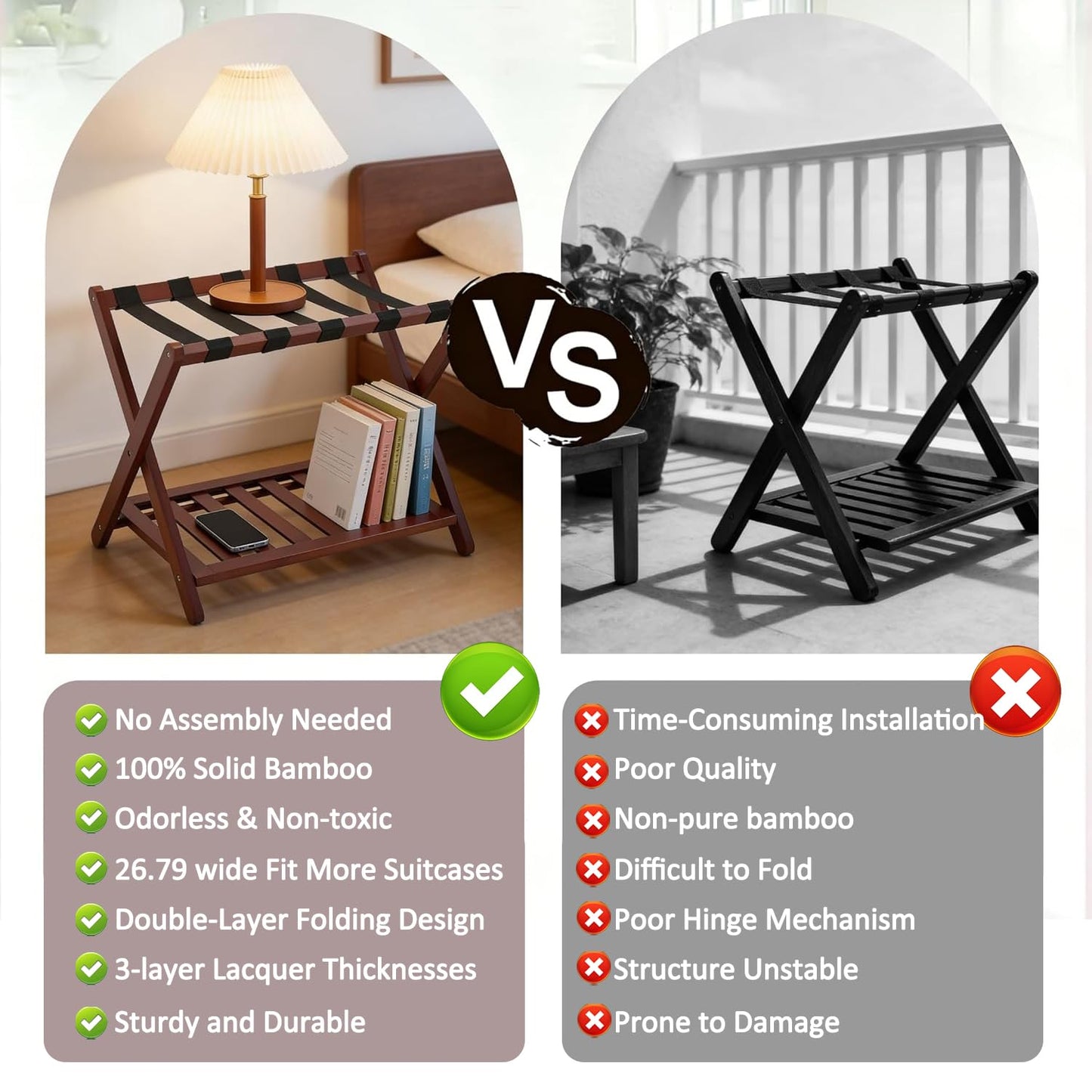 WSLUKVII Full Assembled Luggage Rack with 3-Layer Lacquer, Heavy-Duty Up to 150 lbs, Folding Suitcase Stand with Storage Shelf for Home, Guest Room, Bedroom, Hotel
