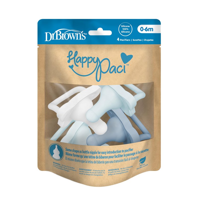 Dr. Brown's HappyPaci 100% Silicone Baby Pacifier, Contoured One-Piece Design, Blue/Light Blue/White, 0-6m, BPA-Free, 4-Pack