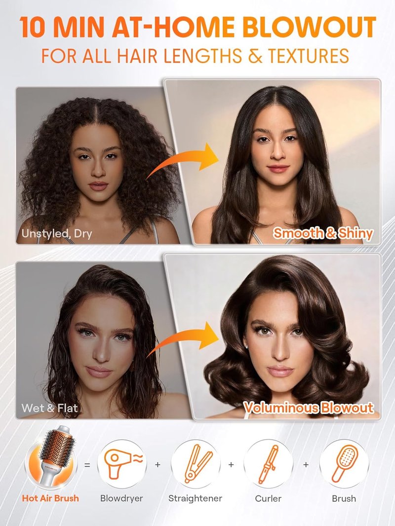 4-in-1 Hot Air Brush | Hair Dryer & Styler with 33000 RPM Motor, Ionic Bristles for Frizz-Free Blowouts, 3 Heat Settings