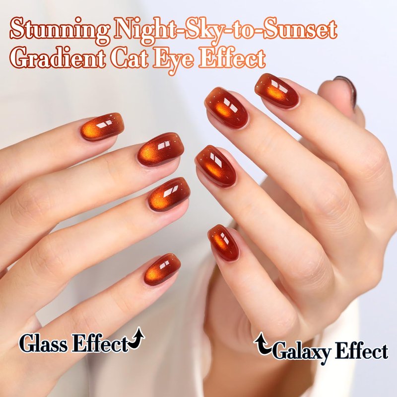 Double Rhythm Jelly Glass Cat Eye Gel Polish with Magnet 15ML Holographic Glitter Shimmer Translucent Sheer Color Magnetic Nail Polish Salon DIY at Home (Amber Orange-MC1314)