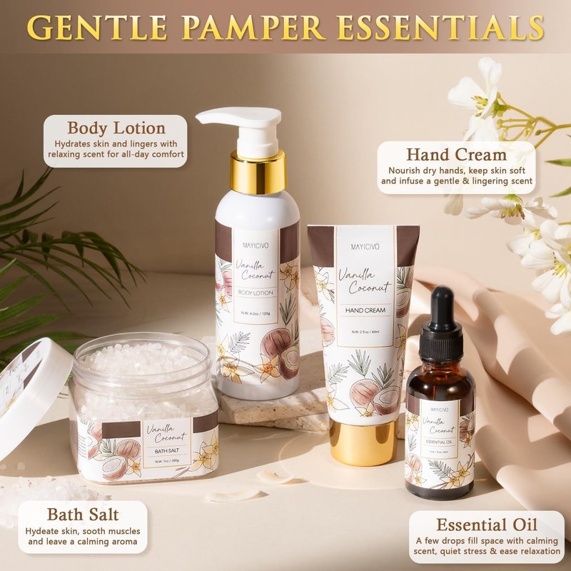 Mothers Day Birthday Gifts for Women, Vanilla Coconut Relaxing Spa Gift Baskets for Women Self Care Package Bath Gift Set, Home Bath and Body Kit Pampering Gifts for Womens Her Mom Friends Sister Wife