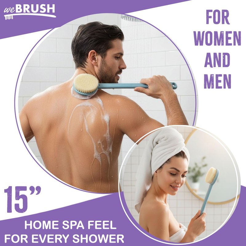 Bath Body Brush for Women & Men, Back Scrubber Shower Brush Exfoliating Back, Body and Feet Scrubbing Soft Nylon Bristles, 15inch Long Handle