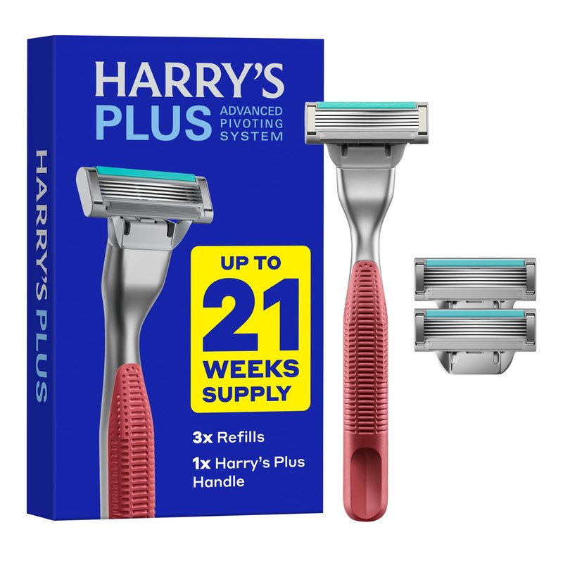 Harry's Plus Razor Shaving Kit for Men - Premium Handle and 3 Razor Blade Cartridges - Advanced Pivoting System - Clay
