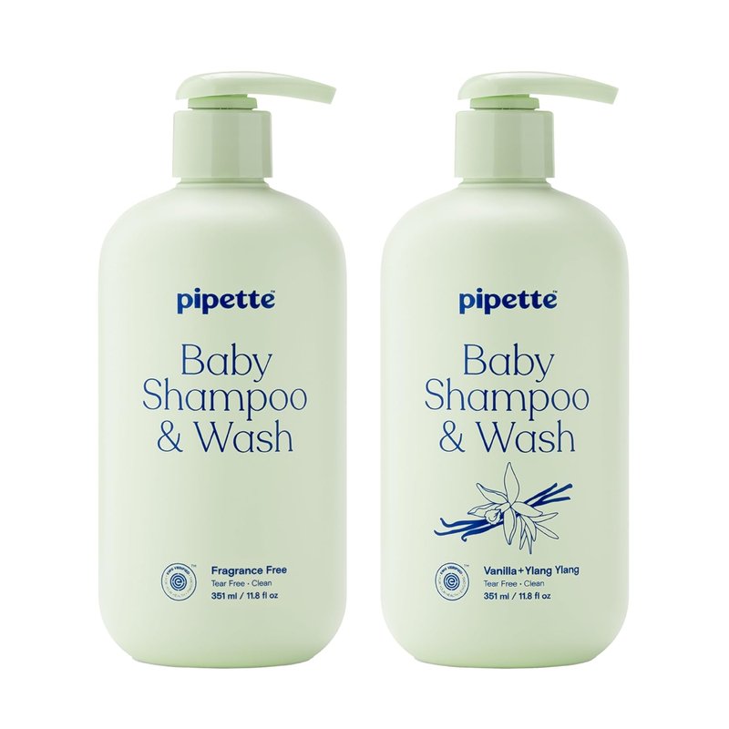 Pipette Baby Shampoo & Wash Discovery Duo - Gentle Tear-Free Bath Essentials for Newborns | Fragrance-Free & Vanilla/Ylang Ylang Scents, Pack of 2