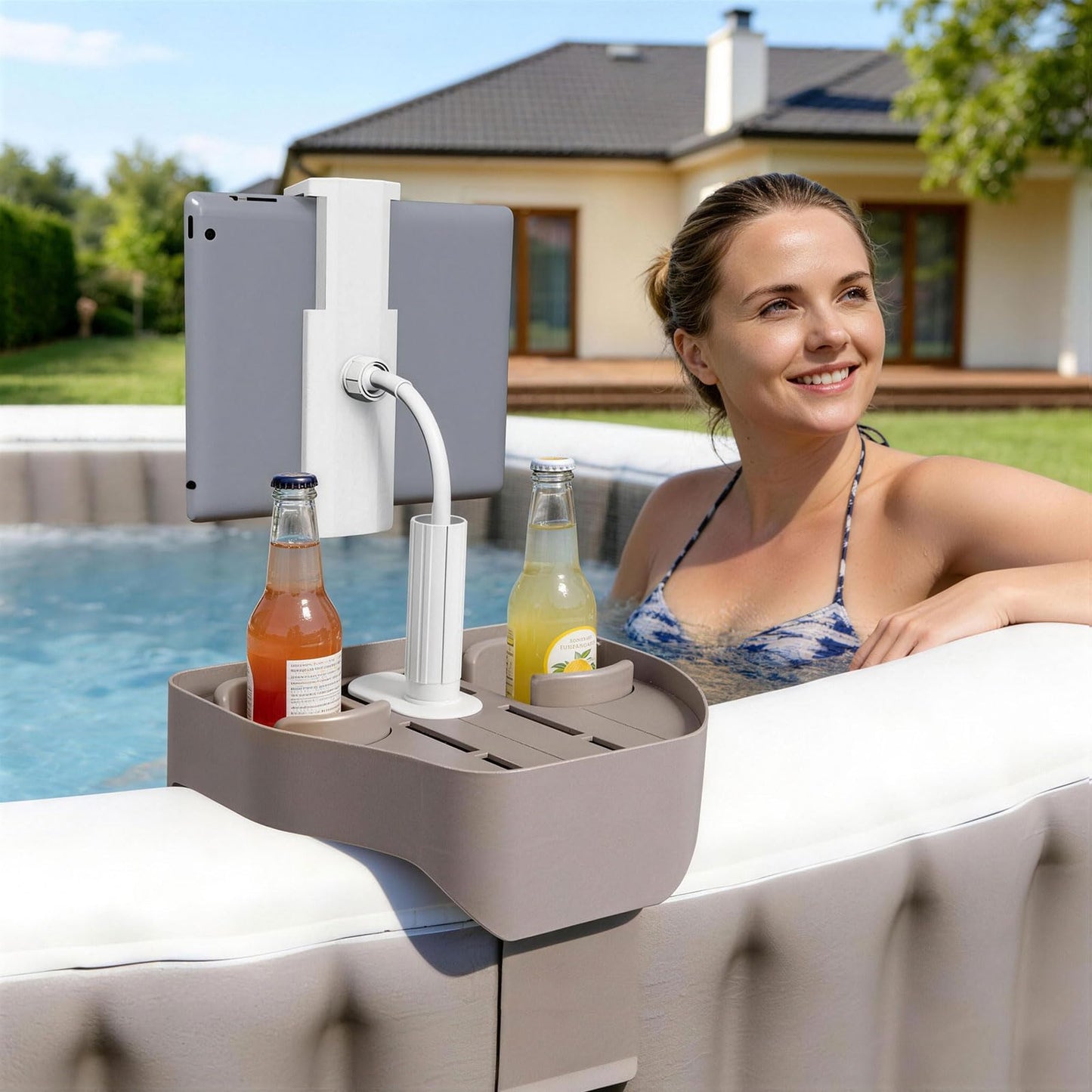 POOLCOMFT Hot Tub Table Tray with Adjustable Phone Holder, Caddy Holds 2 Drinks for Outdoor Inflatable Pool & Spa, Hot Tub Accessories for Adults, Idea Gifts for Women, Mom