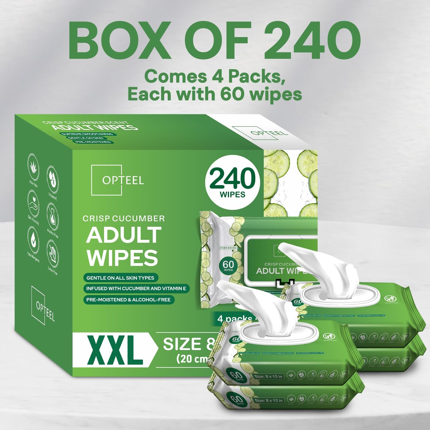 OPTEEL Adult Wipes Extra Large Scented - Skin-Friendly Incontinence Wet Wipes for Adults & Elderly Disposable Washcloths - 8x13" 4 Packs of 60 (240 Wipes)
