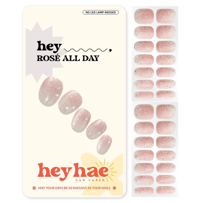 Heyhae Semi Cured Gel Nail Strips | No LED Lamp Needed | Glitter, Pink | Easy Apply & Remove, Salon Quality | Includes 28 Strips, 1 Prep Pads, Nail File & Wooden Stick - Hey, Rosé All Day