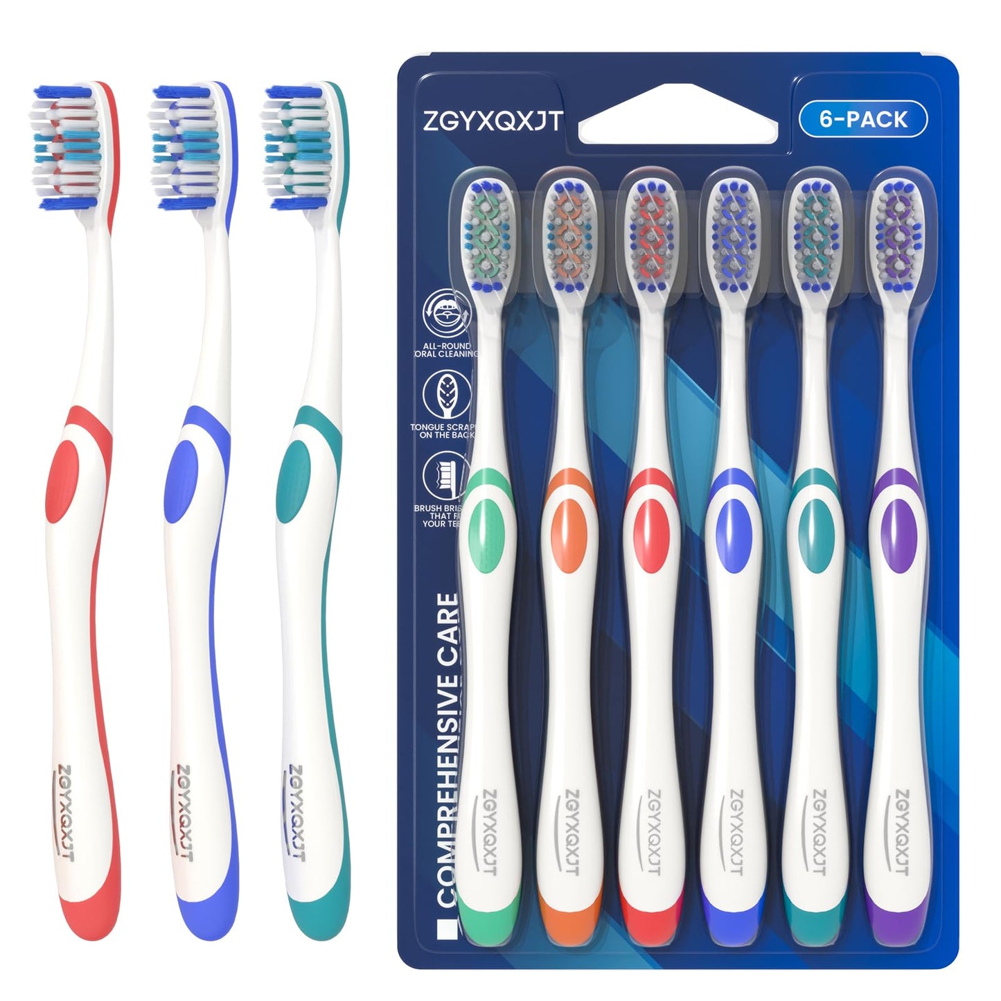 ZGYXQXJT Adult Hard bristled Manual Toothbrush with Excellent Cleaning Effect, Equipped with Tongue Coating Brush and Wavy bristles for More Effective Cleaning of Teeth（6pack）