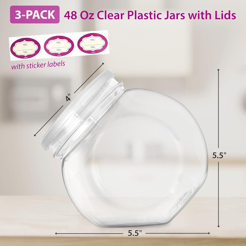 DilaBee 48oz Round Plastic Candy Jars - 3 Pack with Lids for Candy Buffet & Kitchen | BPA-Free Clear Containers