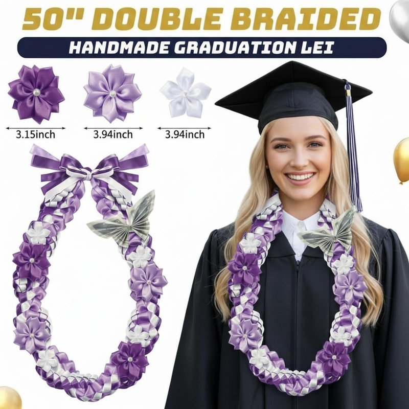 Lyrow 50" Graduation Lei 2026 Double Braided Graduation Ribbon Money Lei with 4 Satin Flower Handmade Grad Necklace Class of 2026 Grad Gift Accessories for Men Women(Purple)