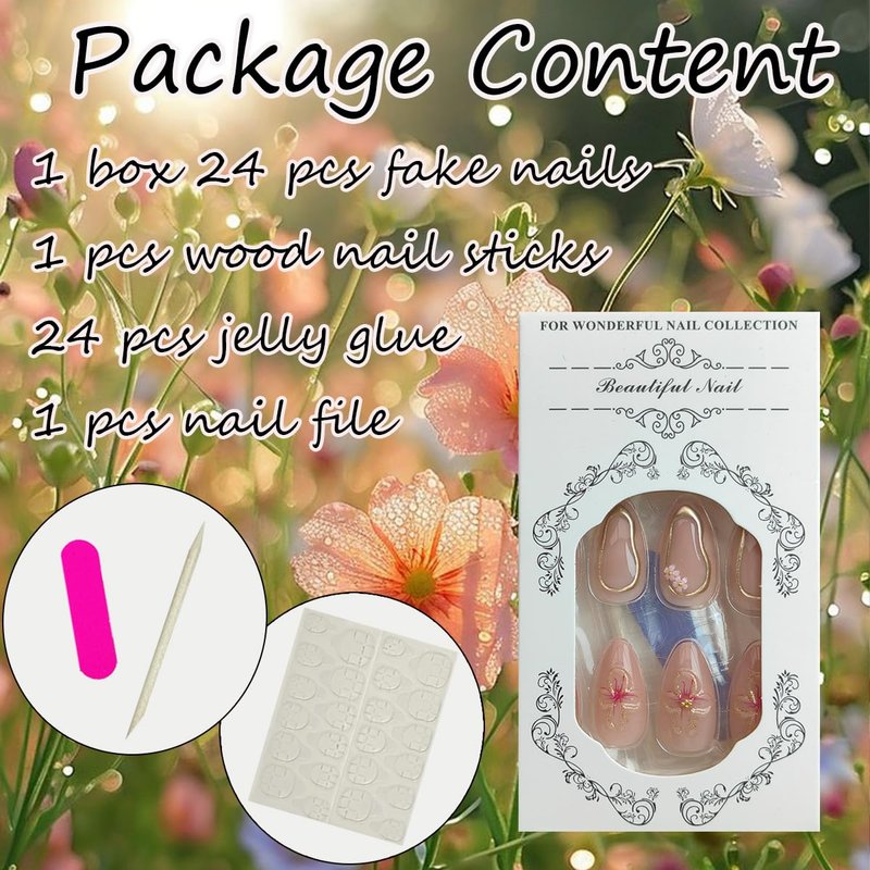 24Pcs Spring Almond Press on Nails Short French Tip Fake Nails with 3D Flower Charms Rhinestones Glue on Nails Flesh Pink False Nails Gold Line Stick on Nails Floral Stiletto Acrylic Nails for Women