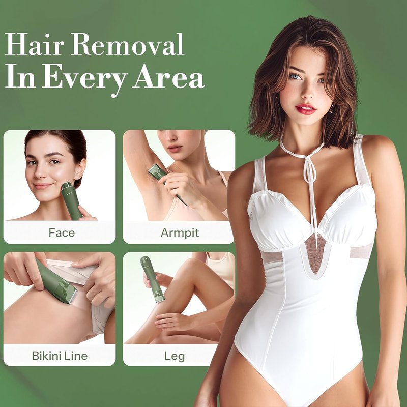 Flyant Bikini Trimmer for Women, 2 in 1 Electric Shaver for Women, Pubic Hair Trimmer Waterproof IPX7 with LED, Bikini Razor for Leg Arm Underarm Bikini Area, Pull Bows Gift Box for Friends - Green