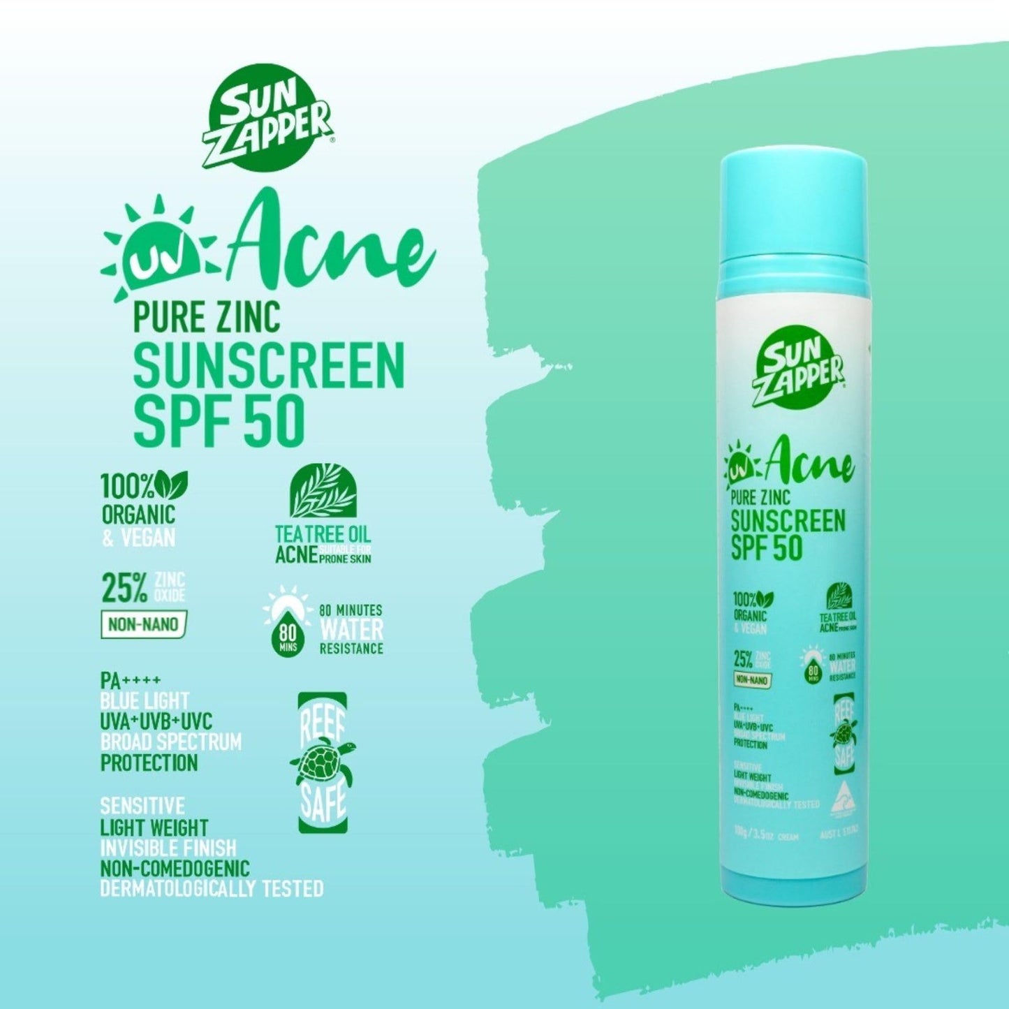 Sun Zapper Acne Pure Zinc Face Sunscreen SPF 50, Non-Comedogenic Organic Mineral Sunscreen with Tea Tree Oil for Acne-Prone and Oily Skin, 25% Non-Nano Zinc Oxide, Reef Safe, 100g (3.5 oz)
