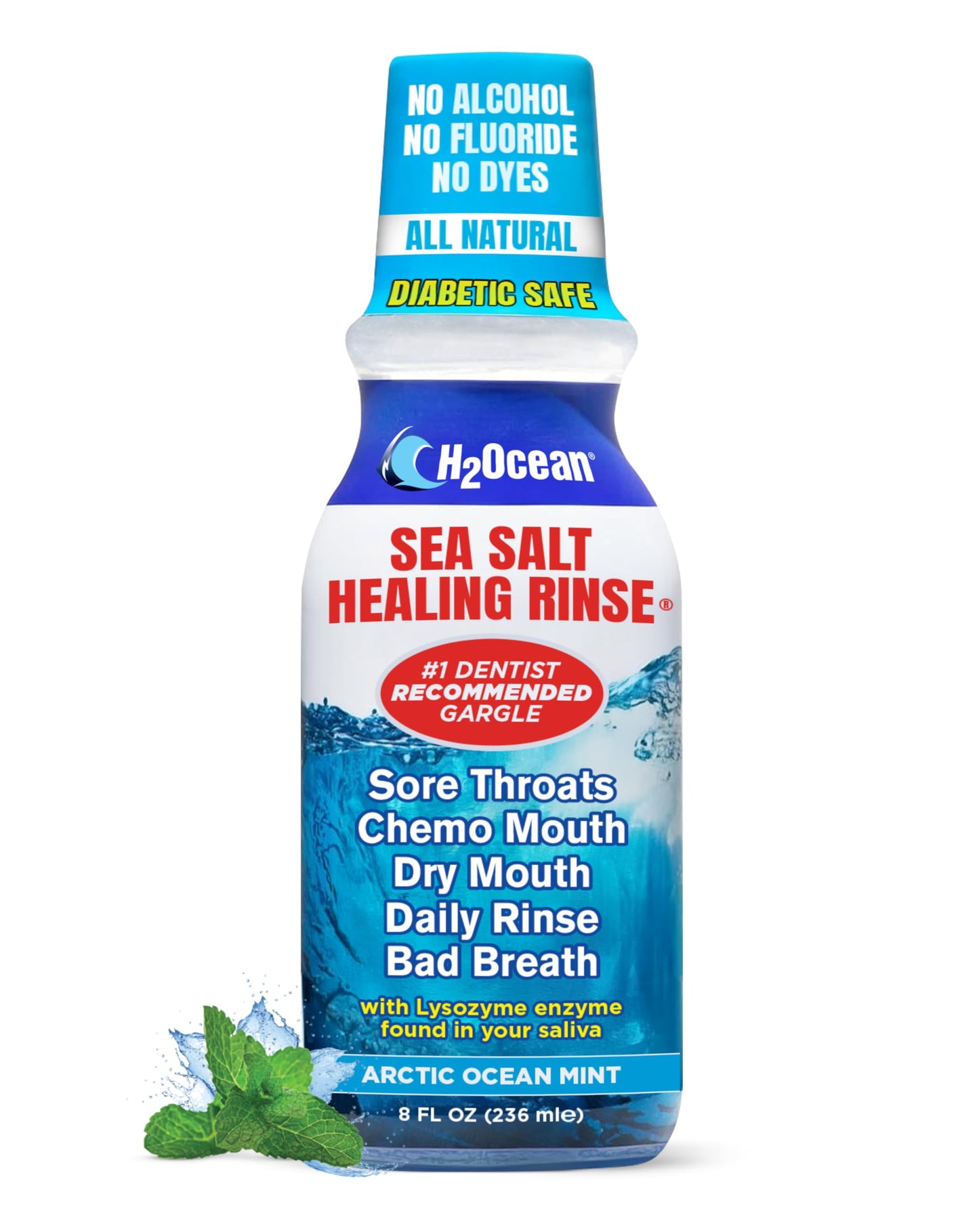 H2Ocean Healing Rinse Natural Sea Salt Mouthwash - Alcohol & Fluoride-Free Oral Care for Tonsil Stones, Sore Throats, Wisdom Teeth Recovery & Gum Health, Whitening Mouthwash - Arctic Ocean Mint, 8 oz