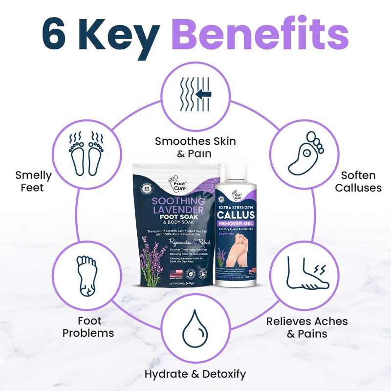 Lavender Foot Soak & Callus Remover Gel Kit - Extra Strength Callus Remover Gel for Feet, Remove Calluses with Epsom Salts, Dry Cracked Heels & Foot Odor, at Home Pedicure - Foot Care for Tired Feet