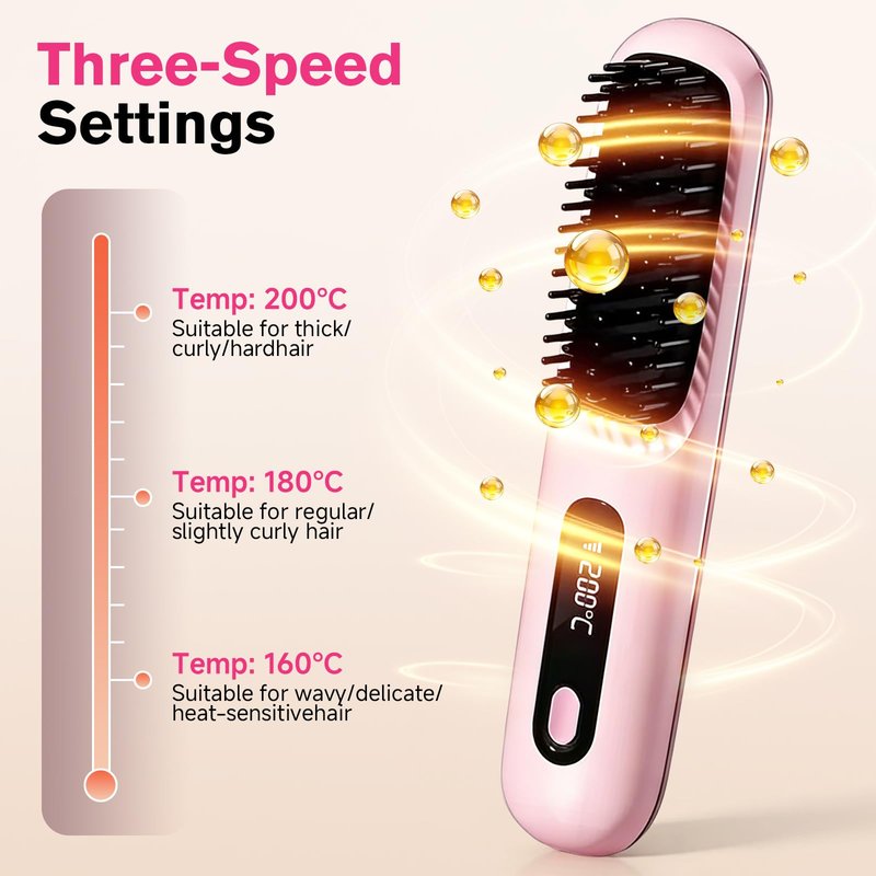 Go Brush Pro Cordless Straightening Comb, Mini Portable Heated Smoothing Comb, Quick-Heating Hot Air Comb, 3 Temperature Settings, USB-C Charging, Travel Hair Styling Tool (Pink)