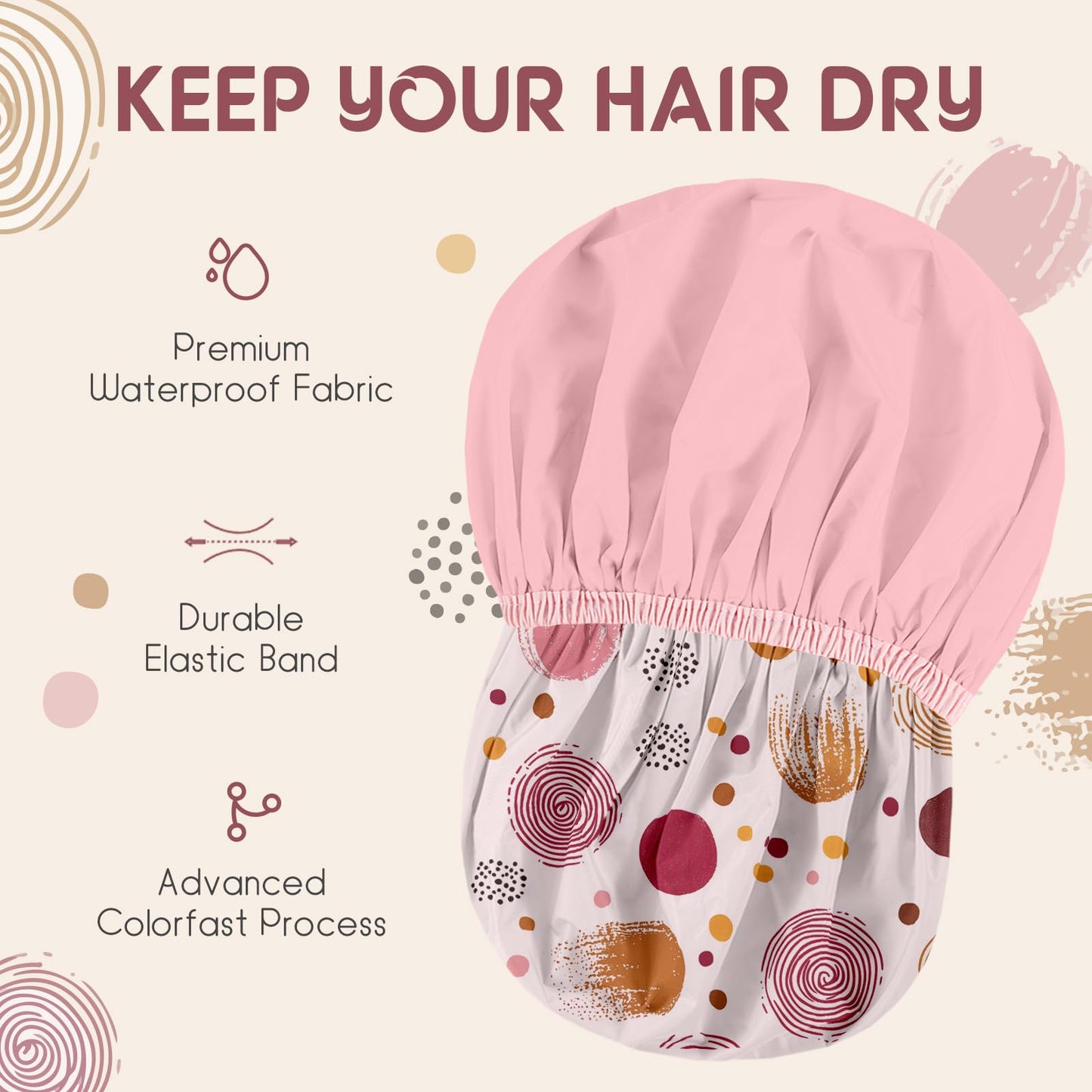 Years calm Luxury Shower Caps for Women Reusable Waterproof – Polka Dot Double Layer Bath Cap with Adjustable Elastic for Braids & Long Hair, Comfortable & Stylish, Versatile Use (Pink)