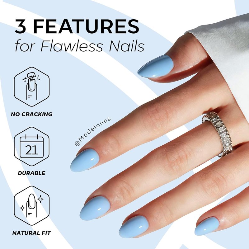 Modelones Blue Oval Press-On Nails Kit - 32 Pcs with Glue, Adhesive Tabs & Nail File | Perfect Spring Gift for Women