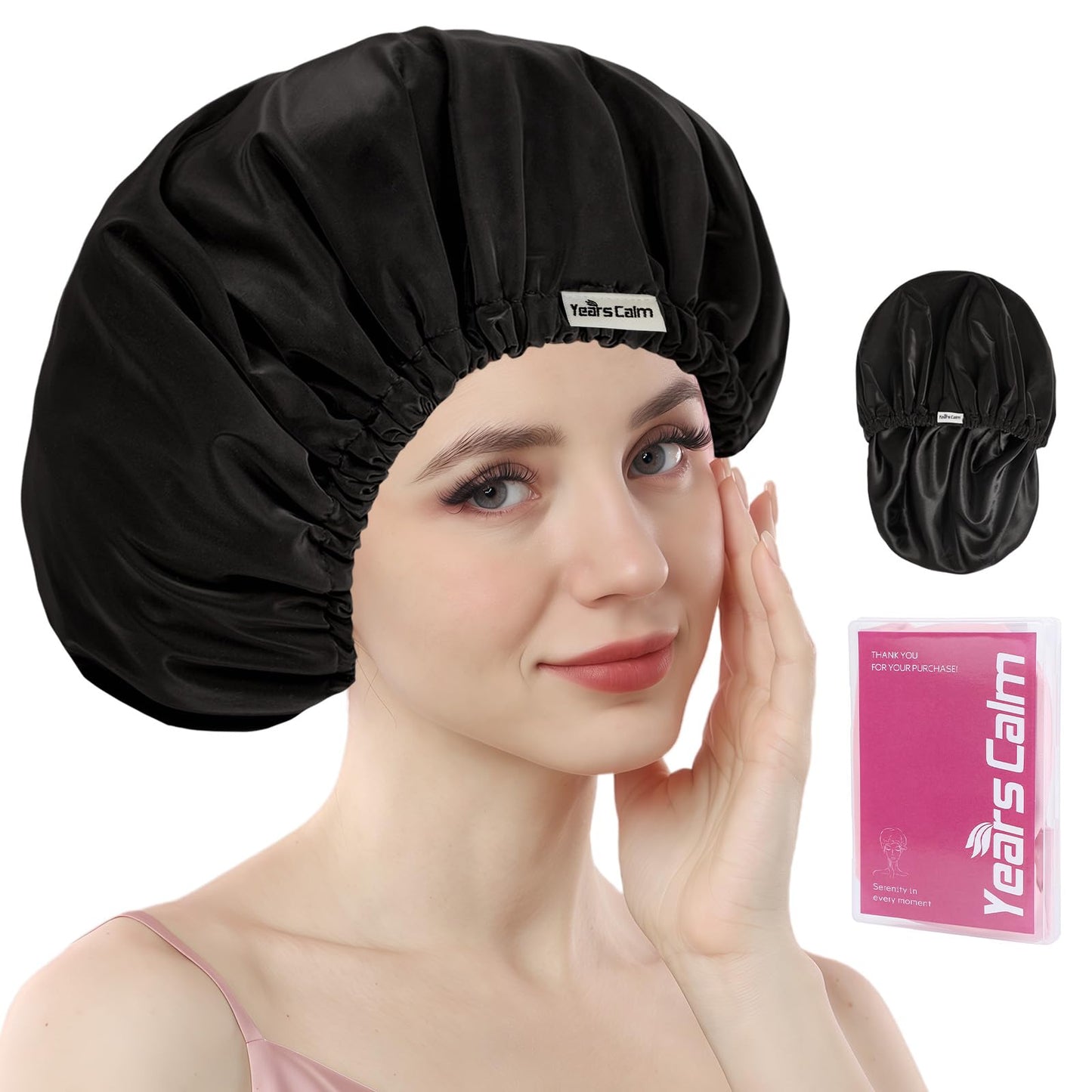Years calm Shower Cap Reusable Waterproof, Double-Layer Hair Cap for Women, with Elastic Band, Ideal for Shower, Spa, Travel & Cleaning (black, One Size)