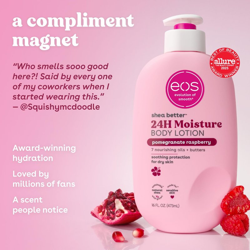 eos Shea Better Body Lotion Pomegranate Raspberry, 24-Hour Moisture Skin Care, Lightweight & Non-Greasy, Natural Shea, Vegan, 16 fl oz