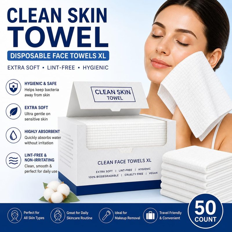 Clean Skin Face Towels XL, Disposable Face Towels,100% Biodegradable, Extremely Soft, Vegan, Facial Towels For Home, Travel & Salon Use. (50 Count)