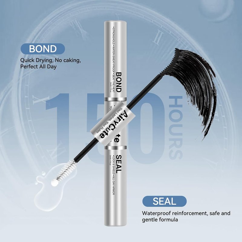 AiryCute Lash Bond and Seal - 150H Waterproof Eyelash Glue for Lash Clusters - Strong Hold, Latex-Free | Black 5ml + 5ml