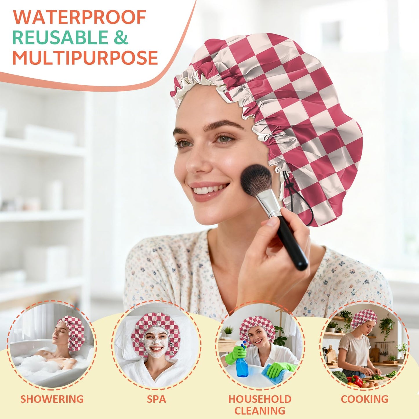 BHAHB Shower Cap Reusable Double Layer Adjustable Elastic Waterproof EVA Hair Bath Caps for Women Girls Cute Aesthetic-Pink Checkered