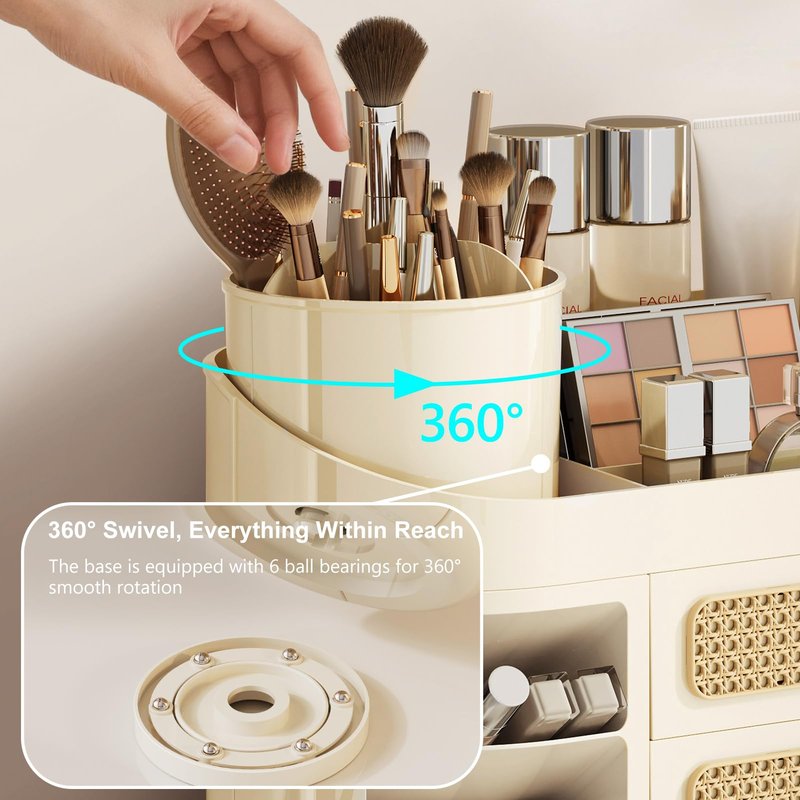 Hoiwio Makeup Organizer for Vanity with 360° Rotating Removable Brush Holder - Bathroom Countertop Dresser Organization, Beauty Cosmetic Storage with Drawer for Skincare, Perfumes, Lipsticks