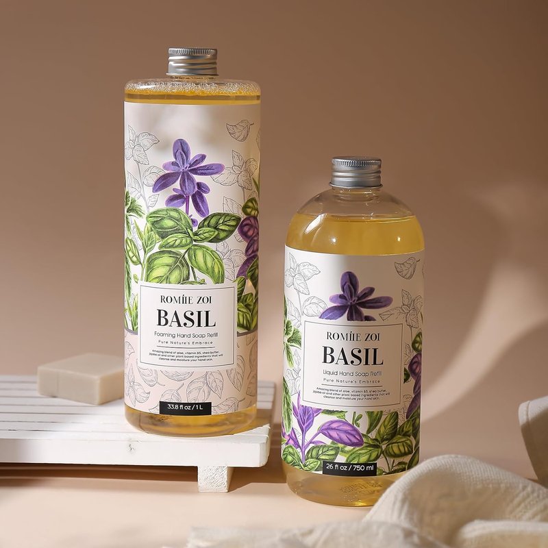 ROMIIE ZOI Foaming Hand Soap Refill - Gentle & Moisturizing Basil Formula | 1 L / 33.8 FL OZ