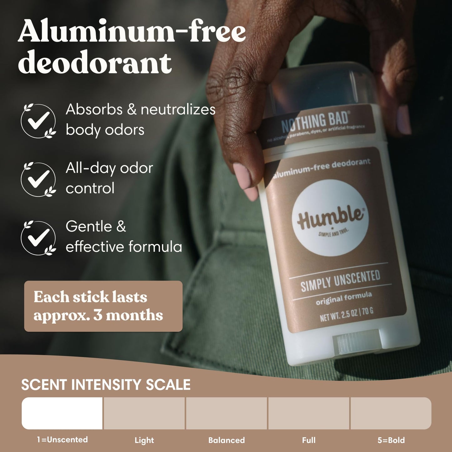 Humble Aluminum-Free Deodorant for Women & Men, Simply Unscented - Clean & Fresh Natural Deodorant Stick with Essential Oils for Long-Lasting Odor Control - 1 Pack