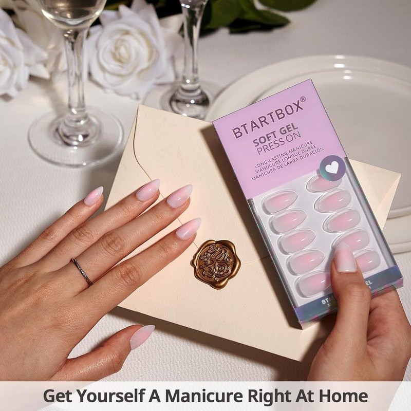 Press On Nails - Pink Ombre Almond Soft Gel Kit | 32 Opaque Glue-On Nails in 16 Sizes