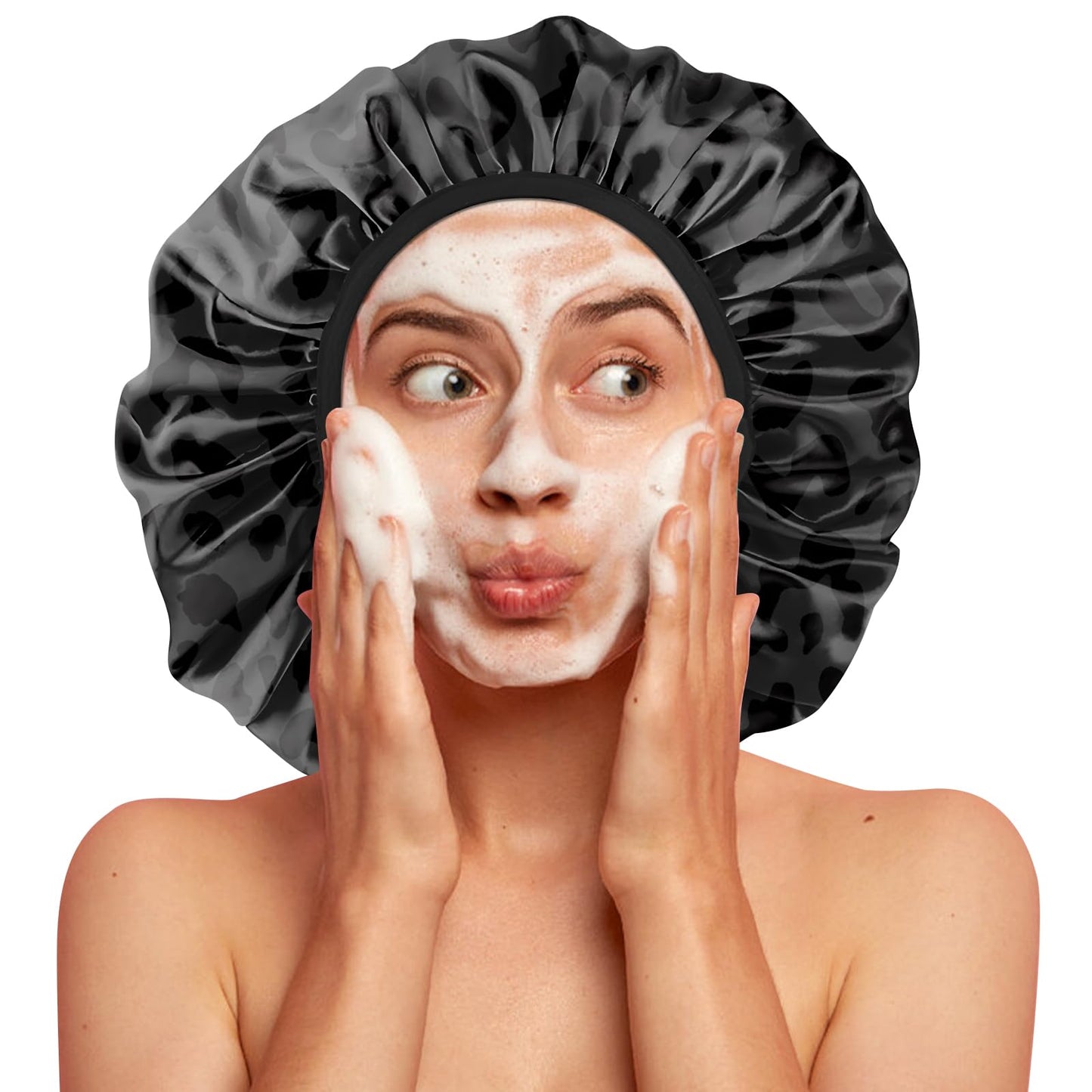 BHAHB Luxury Shower Cap Reusable Terry Cloth Lined EVA Triple Waterproof Layer Elastic Hair Bath Caps for Women Girls Cute-Black Leopard