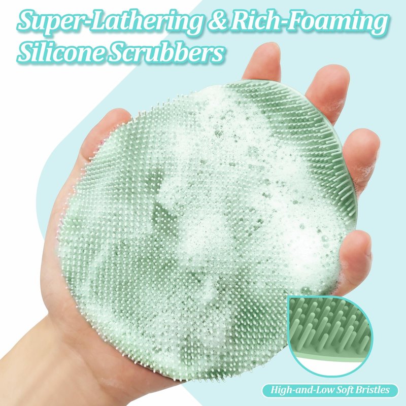 GEENOA Silicone Back Scrubber & Soft Bath Glove 2PCS, 16''- 24'' Extendable Shower Scrubber with Dual-Side Head, 360° Anti-Slip & Hand-fit Silicone Body Scrubber for Rich Foaming Deep Cleaning(Green)