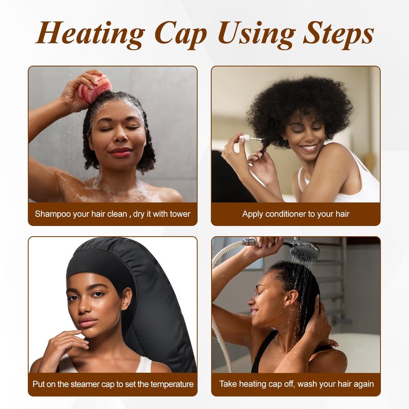 Heated Cap for Deep Conditioning: Upgraded Extra Large 10-Level Fast Heating 3 Time Settings Hair Steamer Cap for Natural Black Hair Portable Thermal Steam Cap for Home Hair Treatment - Deep Black